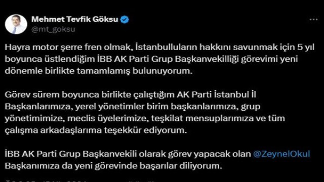 Esenler Belediye Başkanı Tevfik Göksu’nun İBB Meclisi’ndeki AK Parti Grup Başkanvekilliği görevi sona erdi