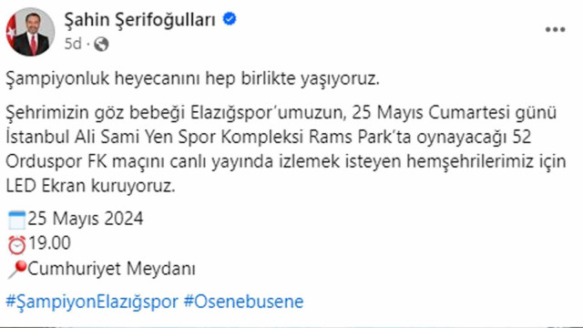 Final maçı için Elazığ’da dev ekran kurulacak