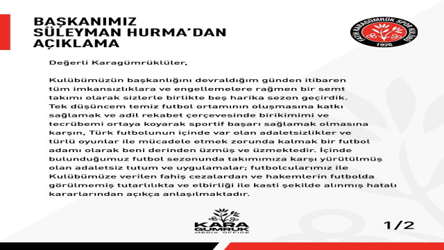 Süleyman Hurma: ”Karagümrük’ün daha da güçlenerek Süper Lig’e döneceğinden kimsenin şüphesi olmasın”