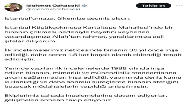 Bakan Özhaseki’den Küçükçekmece’de çöken bina ile ilgili açıklama