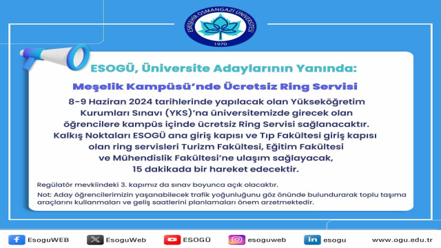 ESOGÜ’de YKS’ye girecek öğrenciler için ring servisi hizmeti