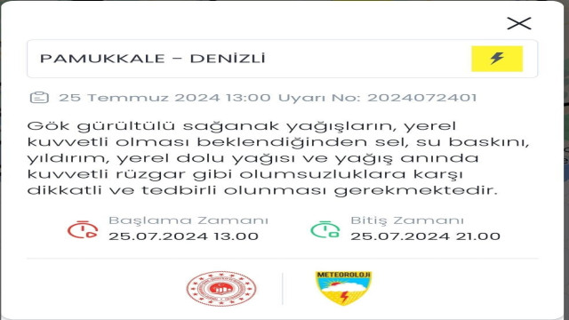 Denizli’ye kuvvetli yağış uyarısı