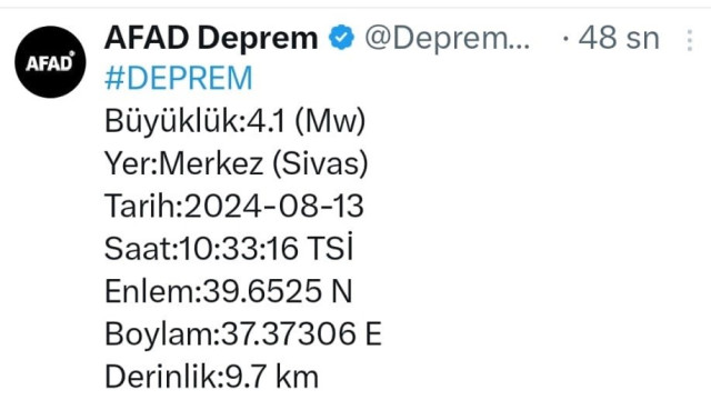 Sivas’ta 4.1 büyüklüğünde deprem