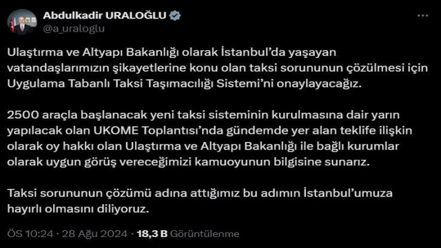 Ulaştırma ve Altyapı Bakanı Uraloğlu: ”Uygulama Tabanlı Taksi Taşımacılığı Sistemi’ni onaylayacağız”