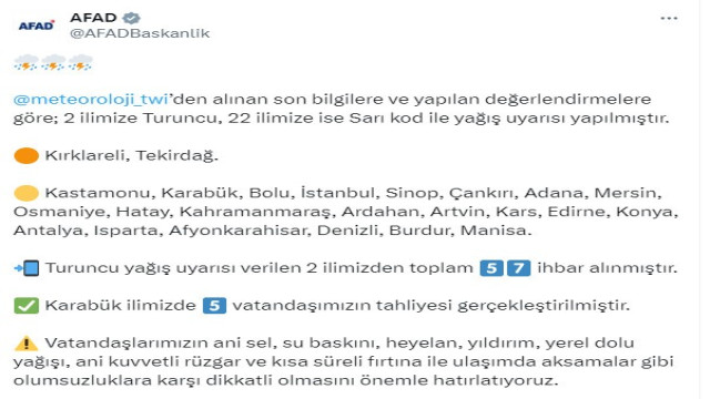 AFAD, 2 ilde turuncu, 22 ilde ise sarı kod ile yağış uyarısı yaptı